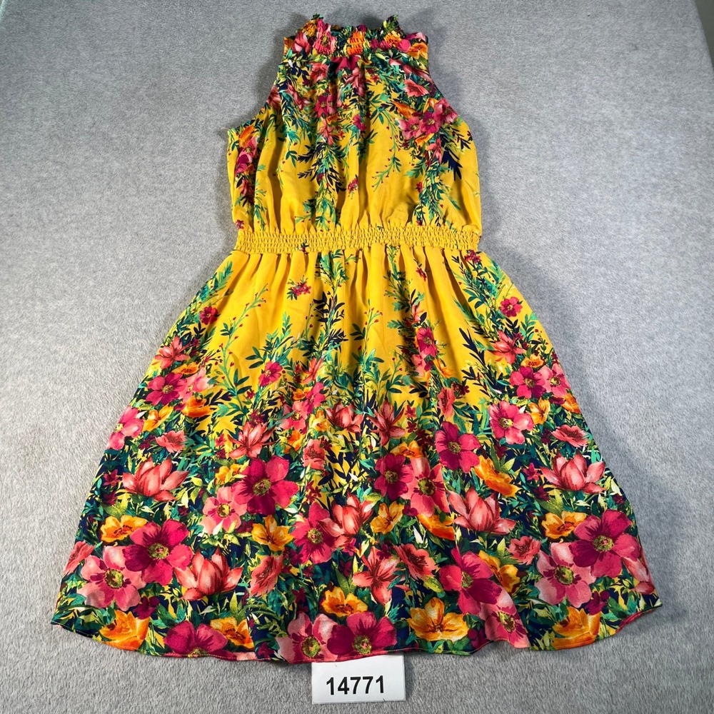 Chenault Fit & Flare Dress Womens XL Yellow Floral Smocked Waist Halter Neck